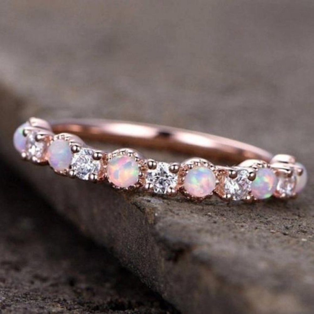 18K ROSE GOLD DIAMOND OPAL HALF ETERNITY RING, CUTE RING, SHINY RING. - Picture 2 of 5